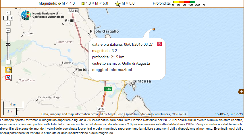 Terremoto magnitudo 3.2 al largo di Siracusa