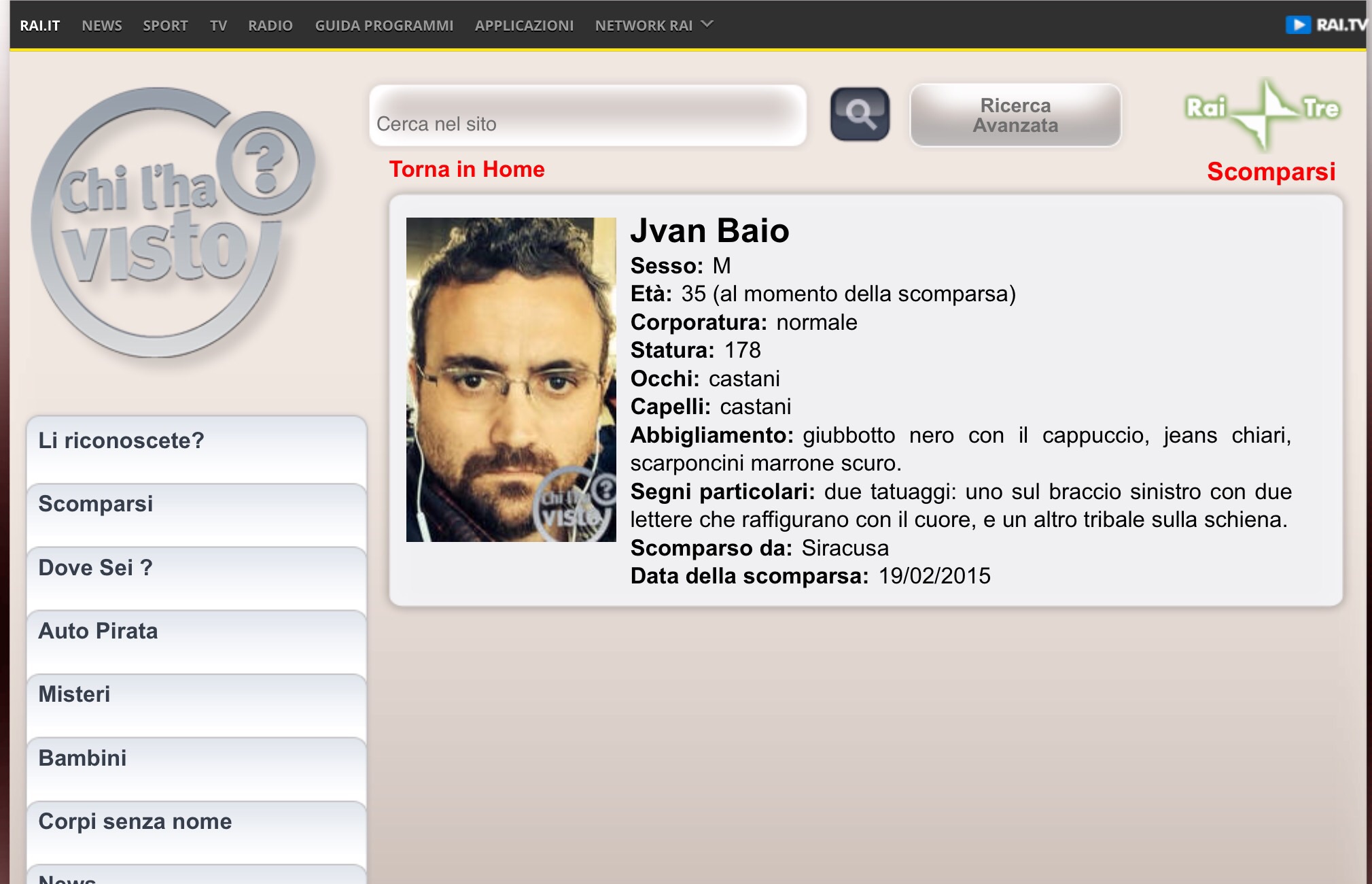 Siracusa: trascorse le 48 ore dalla scomparsa di Jvan Baio. Scatta la segnalazione a “Chi l’ha visto?”