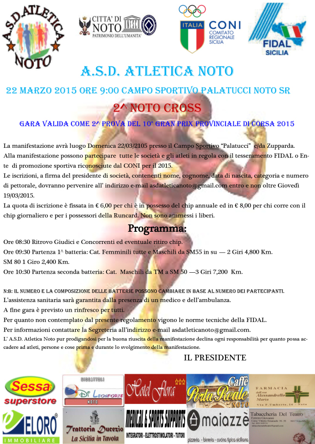 A.S.D. Atletica Noto. Domenica 22 marzo il 2° “Noto Cross” valido per il 10° gran prix provinciale di corsa