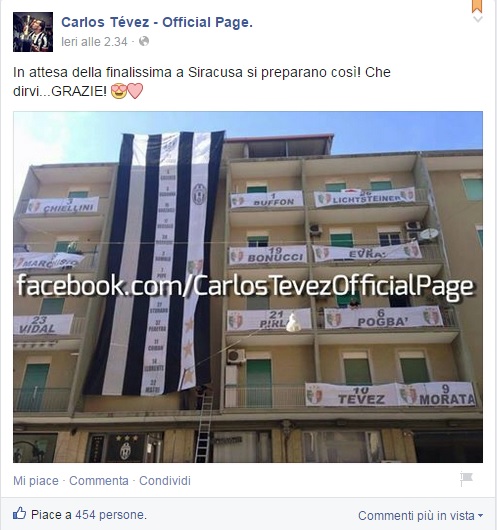 Siracusa: la foto del palazzo “juventino” arriva fino alla pagina social ufficiale di Carlo Tévez