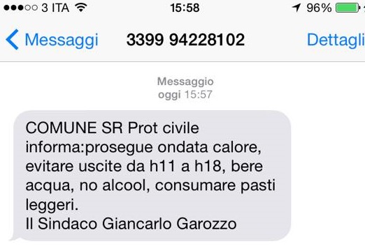 Ondata di caldo: primo messaggio per il servizio gratuito “sms allert” del Comune di Siracusa