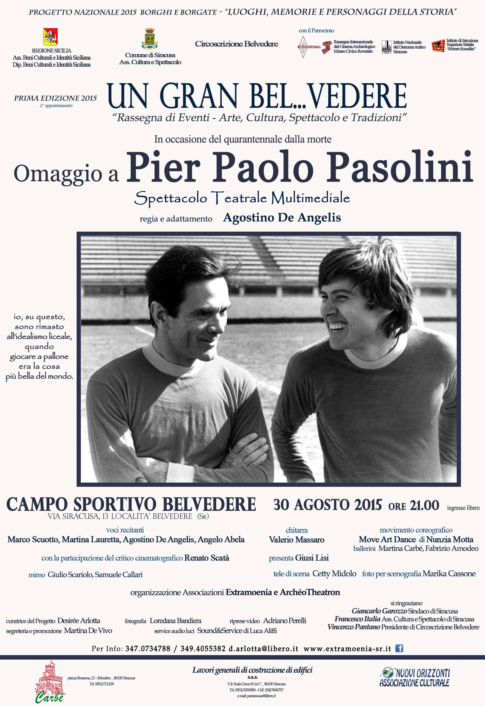 Siracusa, Belvedere: domenica si svolgerà lo spettacolo “Omaggio a Pier Paolo Pasolini”
