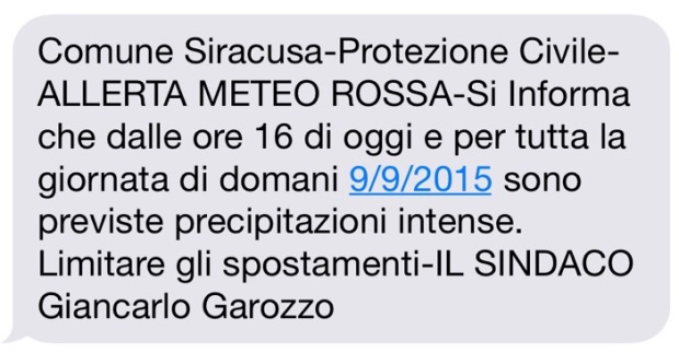 Siracusa, la Protezione Civile tramite il servizio sms: allerta meteo rossa