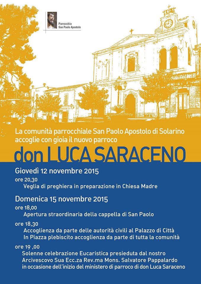 Solarino: domani don Saraceno prenderà possesso canonico della Parrocchia di San Paolo