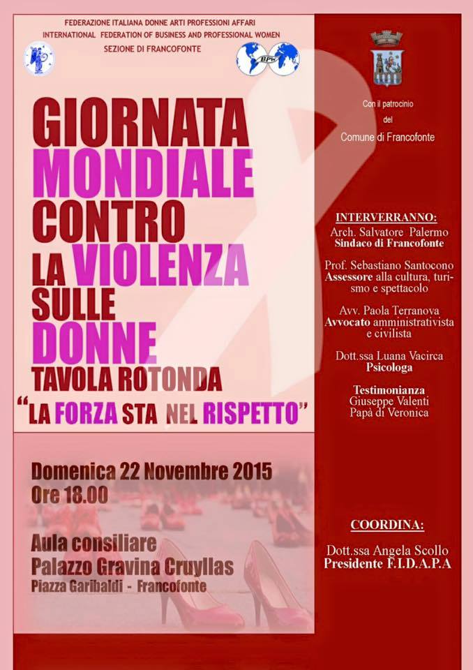 Francofonte, giornata mondiale contro la violenza sulle donne: la FIDAPA organizza una tavola rotonda dal titolo “La forza sta nel rispetto”