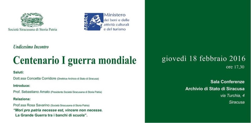 Siracusa. Giovedì un incontro sulla Prima Guerra Mondiale, promosso da Storia Patria