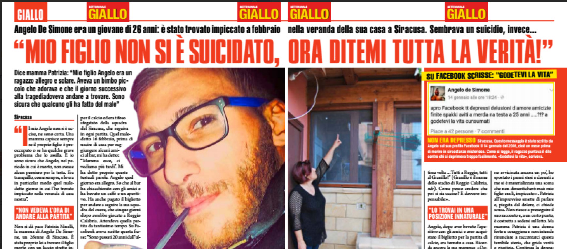 Siracusa. Il settimanale Giallo, da domani in edicola, tratta la morte del siracusano Angelo De Simone