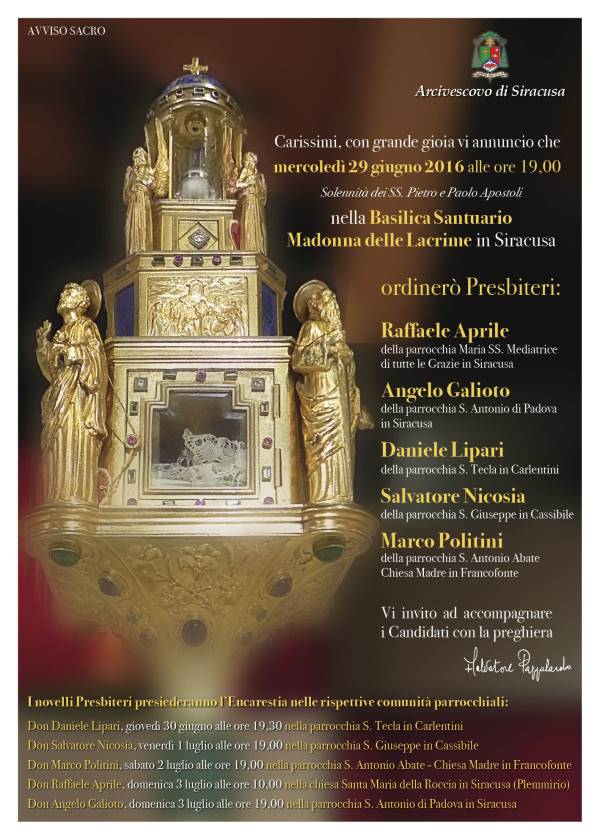Siracusa. L’arcivescovo Pappalardo, ordinerà cinque nuovi presbiteri