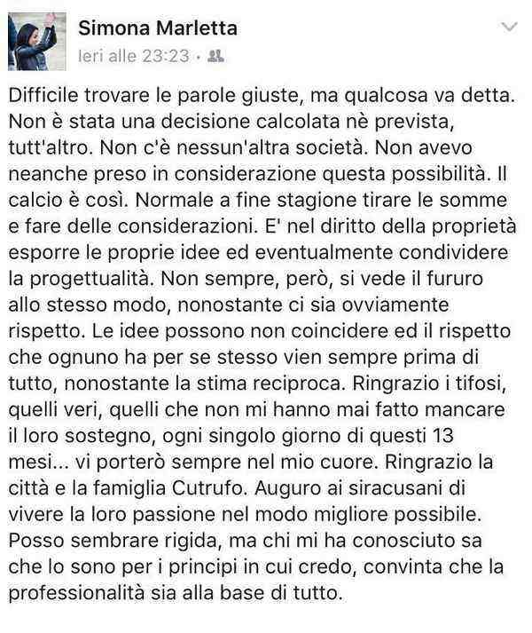 Siracusa, l’addio social dell’ex dirigente Simona Marletta