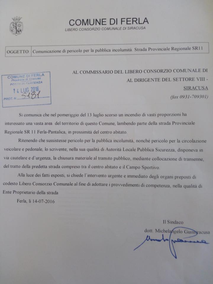Ferla. Strada provinciale più sicura, a chiederlo è il sindaco Giansiracusa