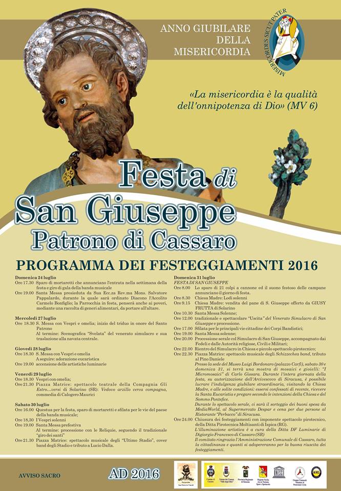 Cassaro celebra il santo patrono, San Giuseppe, nell’anno straordinario del Giubileo della Misericordia