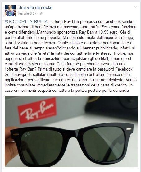 Offerta pazza dei Ray Ban con risvolto benefico, occhio alla truffa. La Polizia Postale mette in guardia gli utenti su facebook