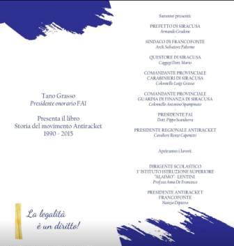 Francofonte: sarà presentato il 6 dicembre il volume “Storia del Movimento Antiracket 1990-2015”