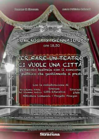Siracusa: domani appuntamento con “Per fare una città ci vuole un teatro”