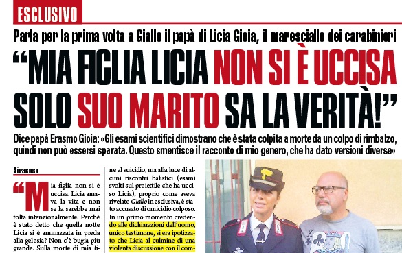 Dal settimanale Giallo parla per la prima volta il papà di Licia Gioia il maresciallo dei Carabinieri morto a Siracusa
