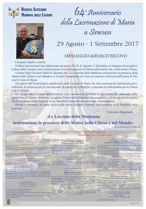 Siracusa, 64°anniversario della Lacrimazione di Maria: il programma delle celebrazioni