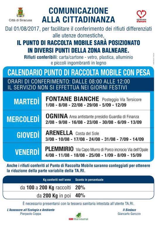 Siracusa, Differenziata: dal 1 agosto CCR mobile a Fontane Bianche, Ognina, Arenella e Plemmirio. Il Calendario
