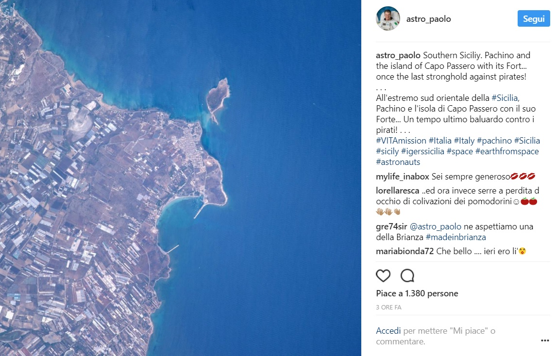 Pachino e Portopalo nello scatto “spaziale” dell’astronauta Paolo Nespoli