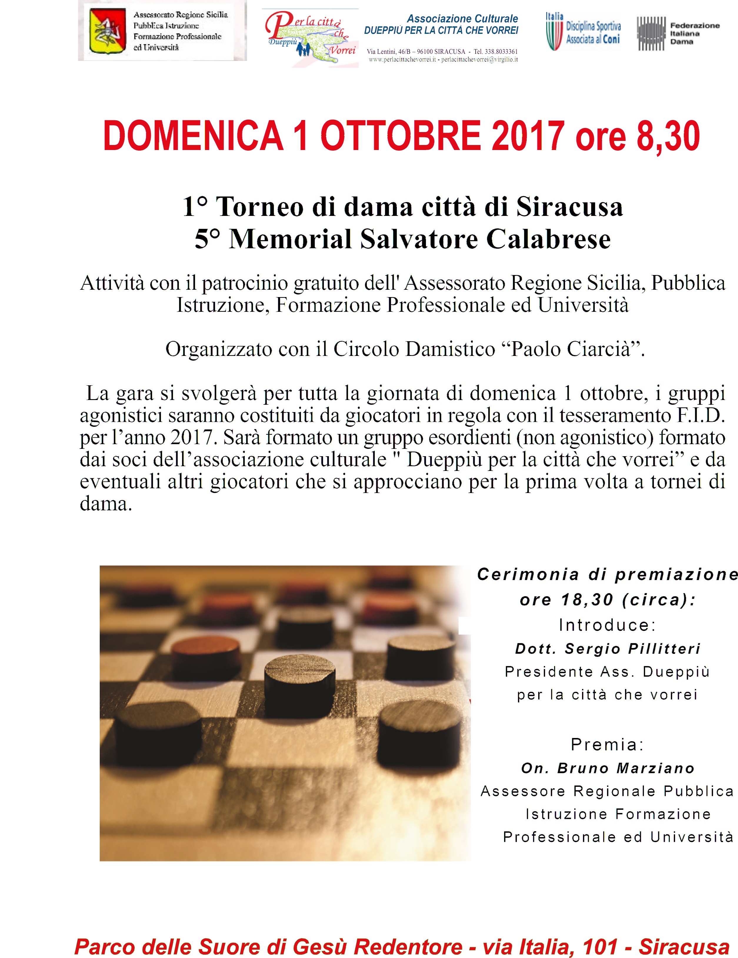 Siracusa. “Dueppiù per la città che vorrei”: il 1° ottobre appuntamento con la prima edizione del torneo di dama