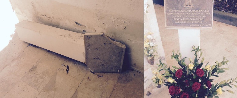 Siracusa. Atto vandalico al cimitero: divelto il leggio in pietra in ricordo dei caduti della Seconda Guerra Mondiale