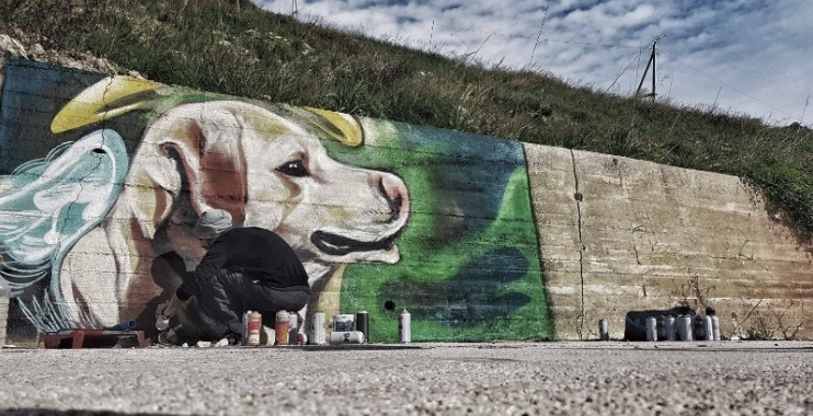 Noto. Avvelenato Roby, il cane “custode” del cimitero: lo street artist Salvo Muscarà gli dedica un murales