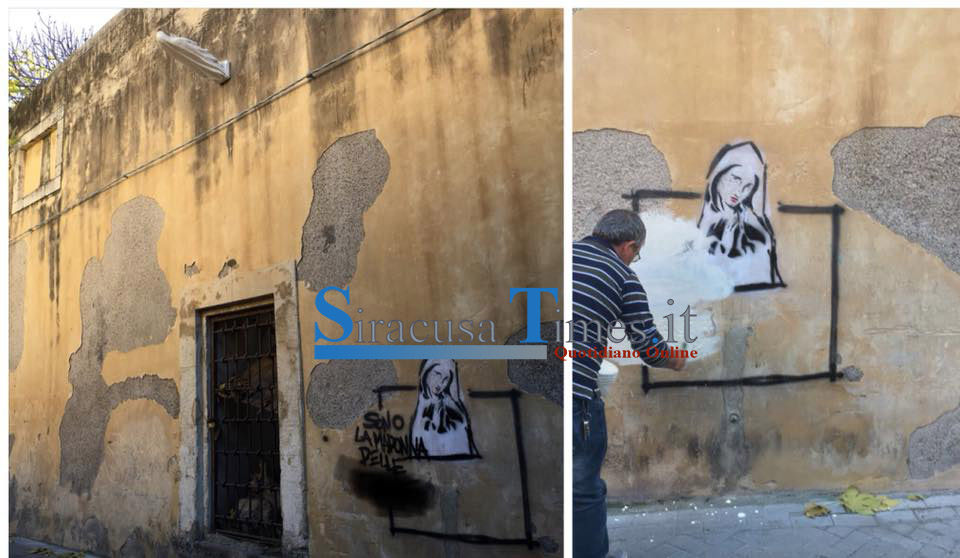 Siracusa. Ripulito il muro e scomparsa la “bestemmia” contro la Madonna in via Santa Lucia alla Badia