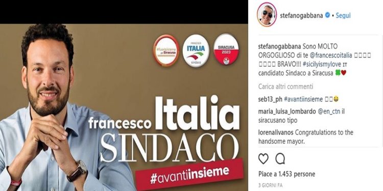 Siracusa, Stefano Gabbana annuncia su Instagram il suo supporto alla candidatura di Francesco Italia