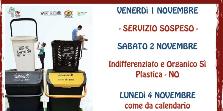Noto. Raccolta differenziata, modifiche al calendario: sospeso il servizio l’1 novembre