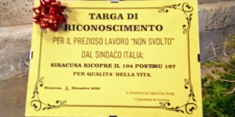 Qualità della vita, Siracusa al 104esimo posto: targa di riconoscimento per il “lavoro non svolto dal Sindaco”