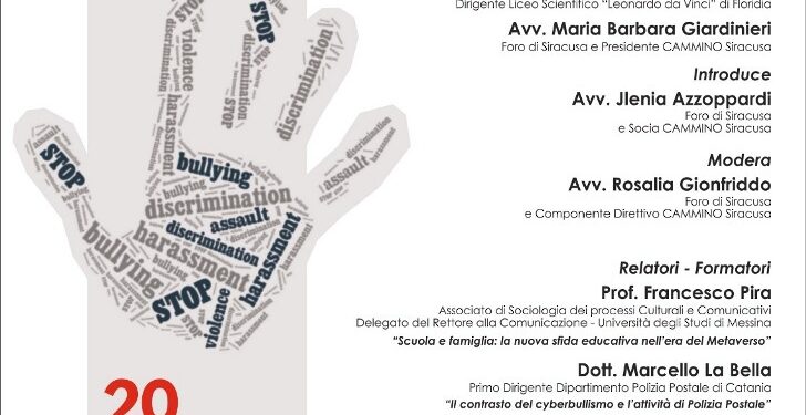 “Stop a bullismo e cyberbullismo”, domani l’appuntamento conclusivo nell’aula consiliare di Canicattini Bagni